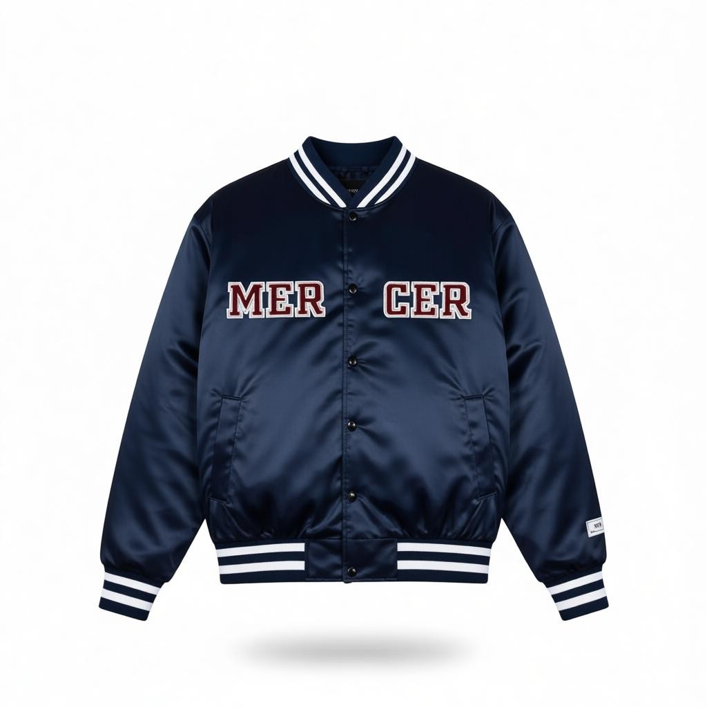 Navy blue jacket with 'MER CER' text on a white background
