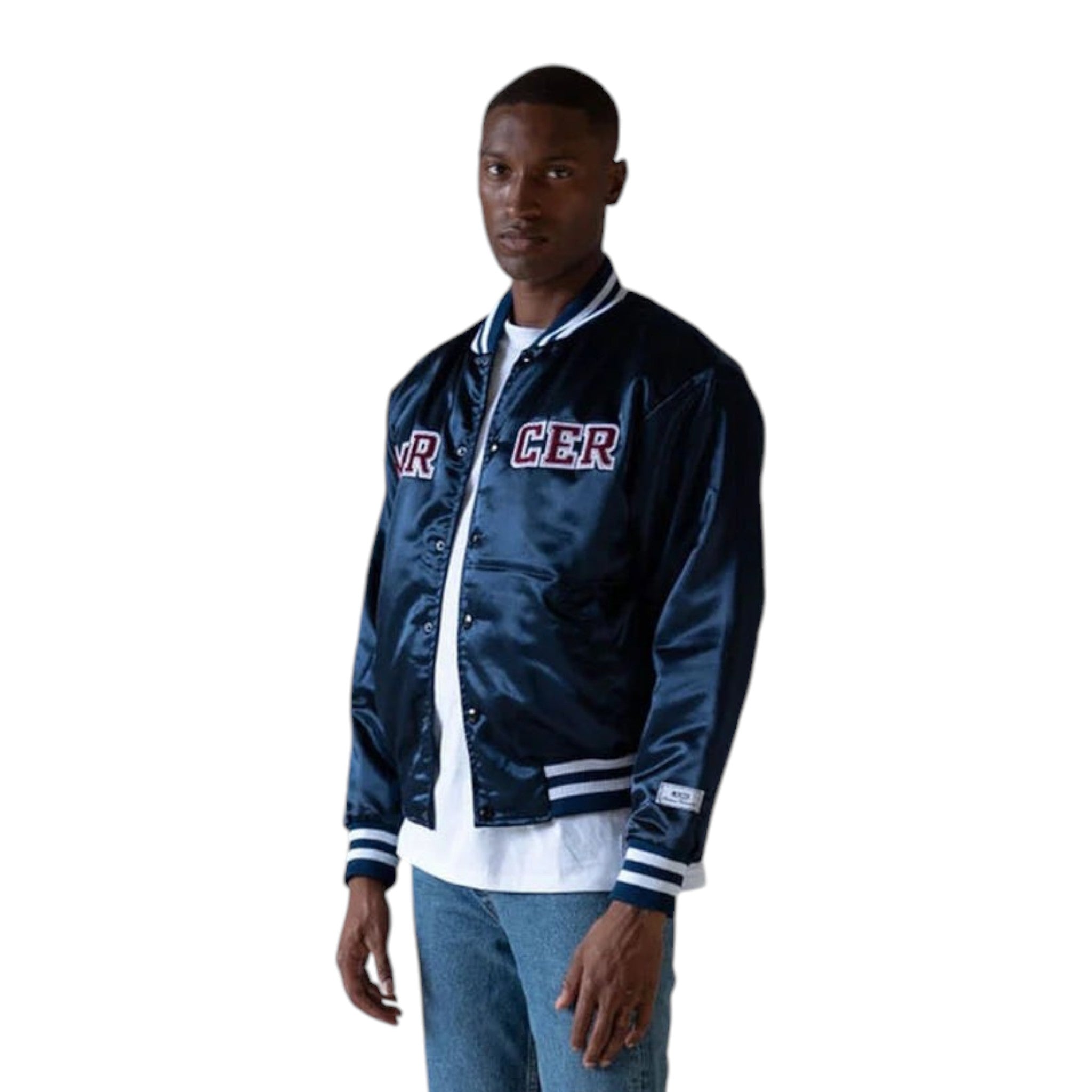 Navy Varsity Jacket with MERCER Embroidery and Striped