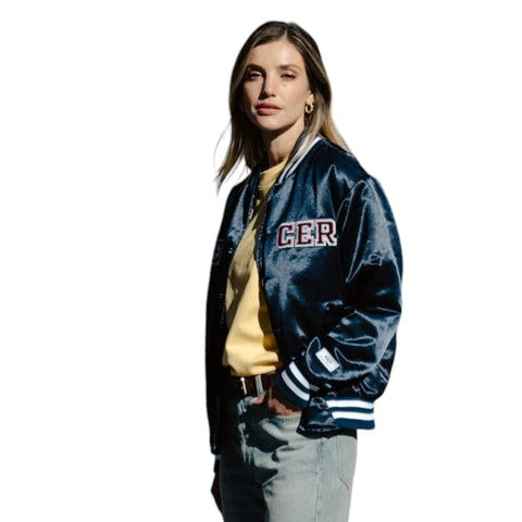 Navy Varsity Jacket with MERCER Embroidery and Striped