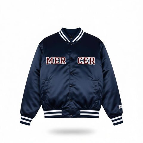 Navy blue jacket with 'MER CER' text on a white background