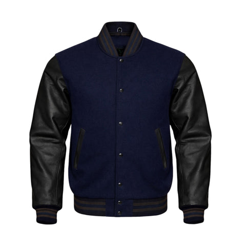 A varsity-style jacket with a Navy body and white sleeves, featuring white buttons, white striped ribbing, and white diagonal chest accents, shown on a plain white background.
