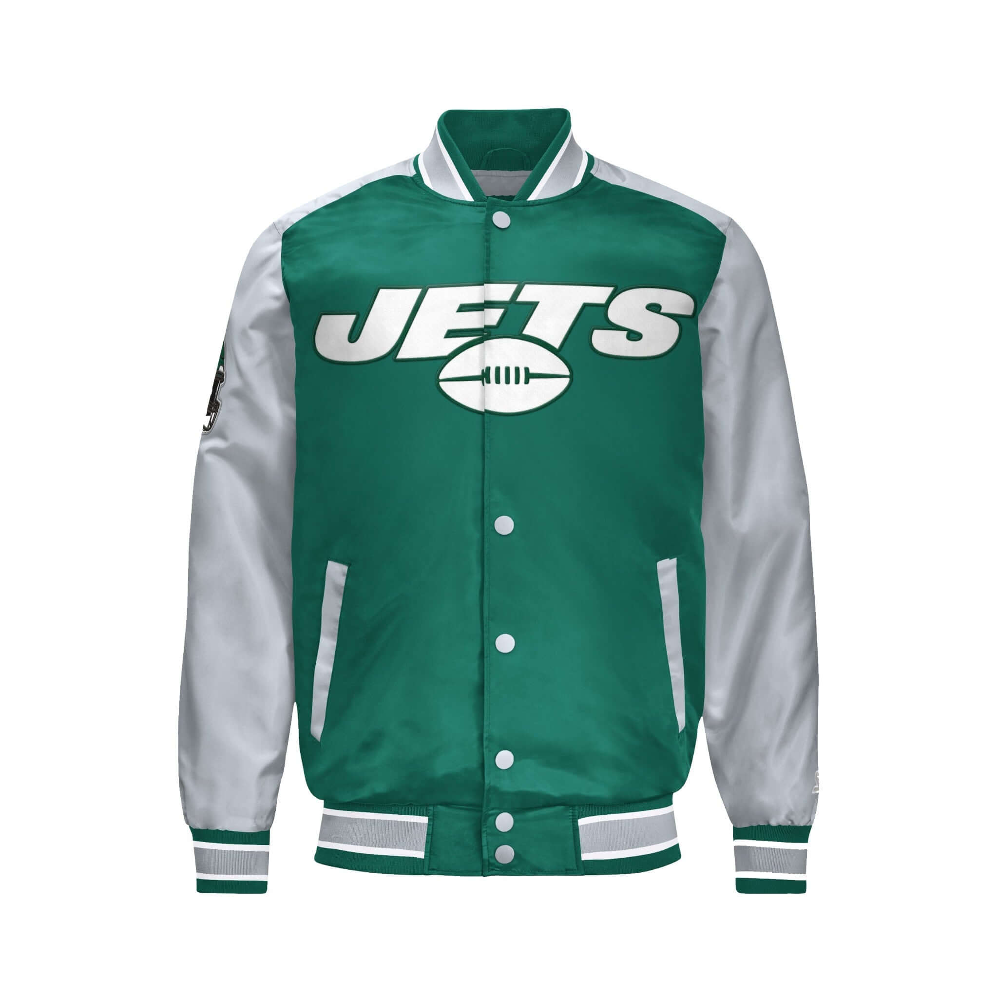 Men’s New York Jets Satin Varsity Jacket Snap Button Bomber