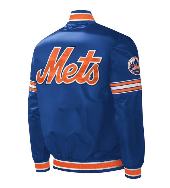 A royal blue satin New York Mets jacket shown from the back, featuring 'Mets' in orange script with a white outline across the upper back, and orange and white stripes on the sleeves and ribbed cuffs and hem.