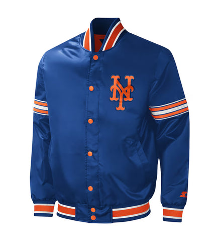 A royal blue satin varsity-style jacket with orange and white striped ribbed trim, orange snap-button front, and an orange interlocking 'NY' logo on the chest, shown on a plain white background.