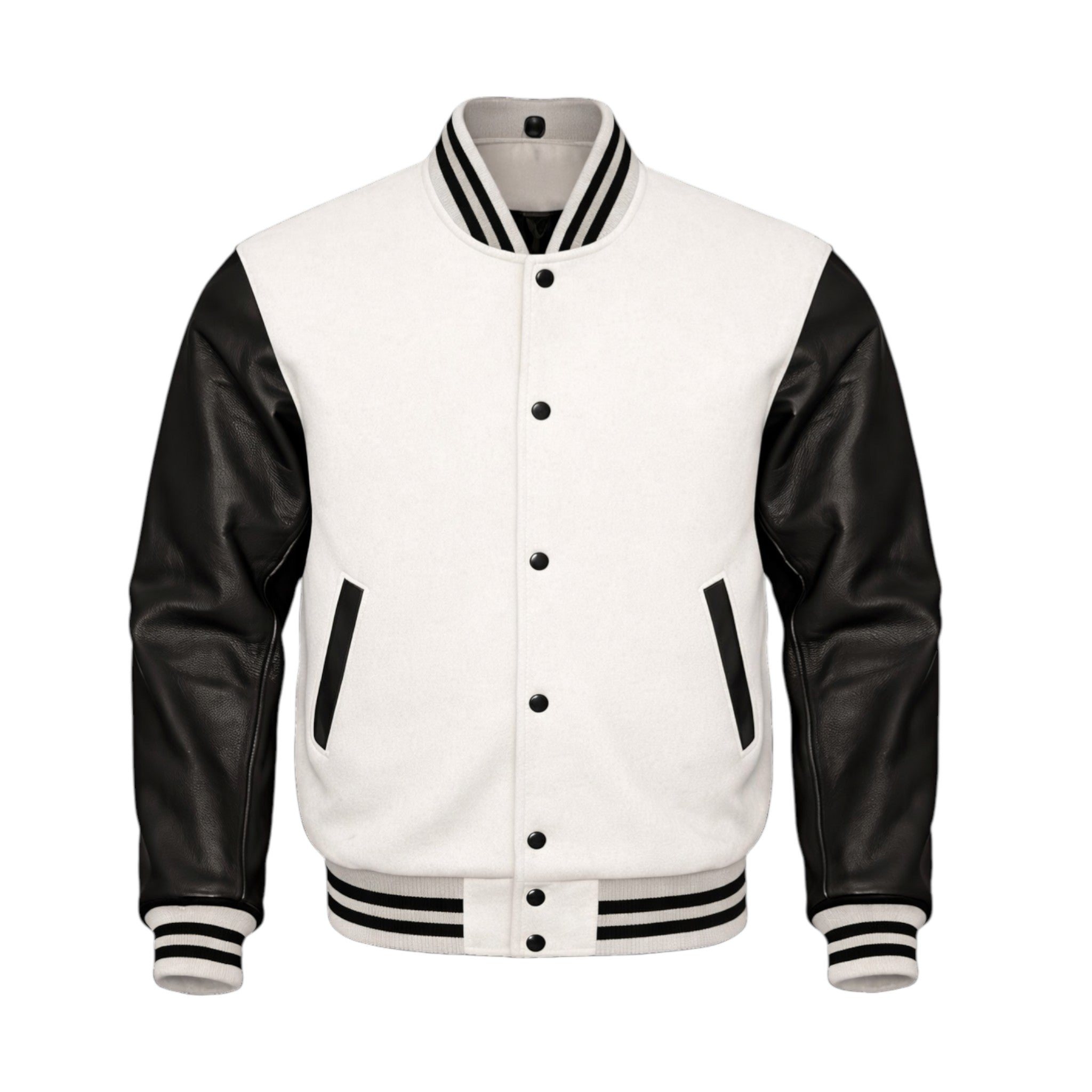 A varsity-style jacket with a Off White body and white sleeves, featuring white buttons, white striped ribbing, and white diagonal chest accents, shown on a plain white background.
