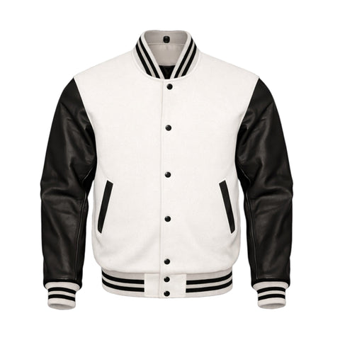 A varsity-style jacket with a Off White body and white sleeves, featuring white buttons, white striped ribbing, and white diagonal chest accents, shown on a plain white background.