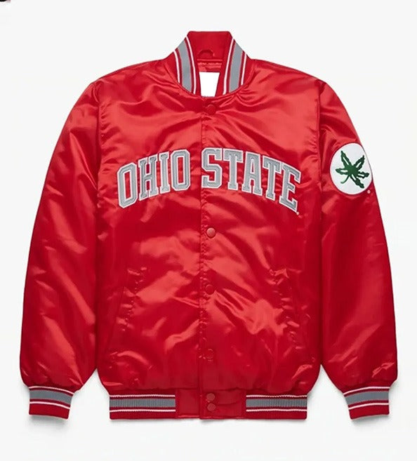 A red satin varsity jacket featuring 'OHIO STATE' in white arched letters with gray outlines on the chest, a green cannabis leaf patch on the right sleeve, and gray and white striped ribbed trim on the collar, cuffs, and hem.