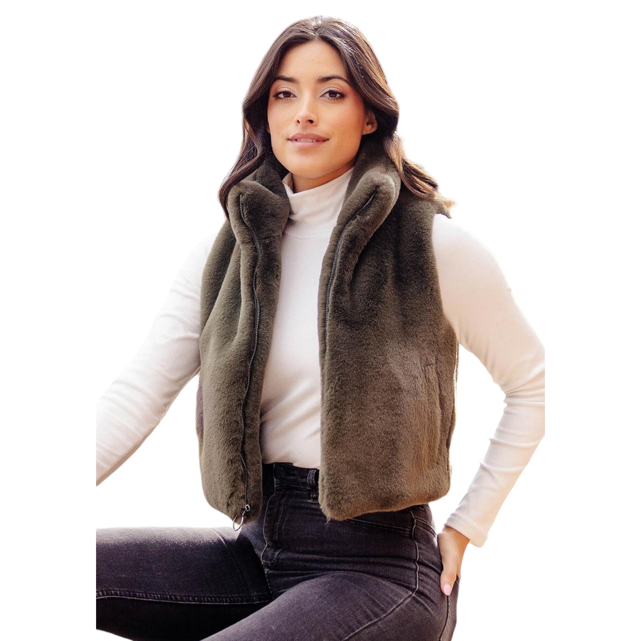 Olive Zip-Up Vest with Le Mink Faux Fur Trim Stylish & Cozy