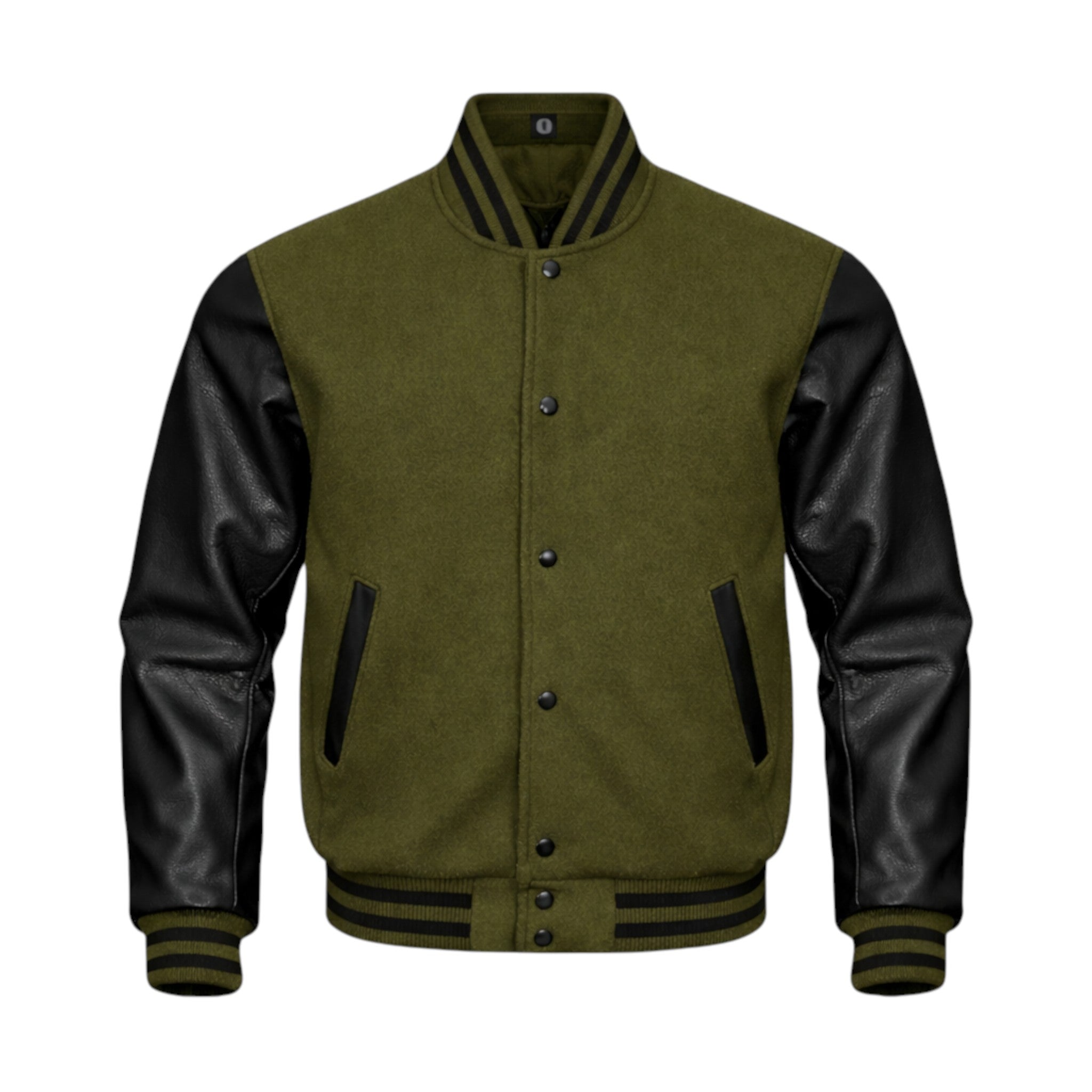 A varsity-style jacket with a Olive wool body and black leather sleeves, featuring black striped ribbing and black side panel accents on a plain white background.