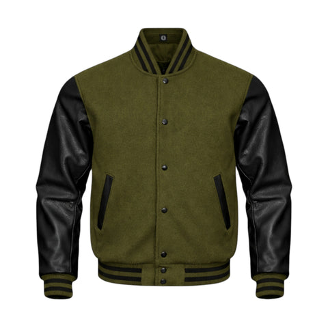 A varsity-style jacket with a Olive wool body and black leather sleeves, featuring black striped ribbing and black side panel accents on a plain white background.
