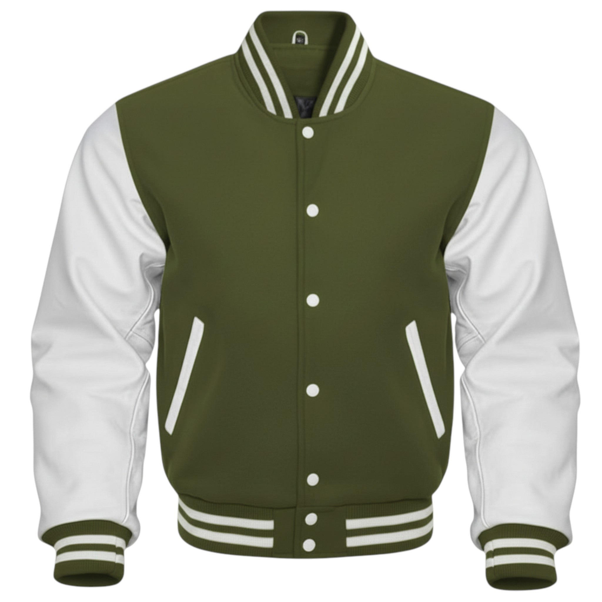 Olive and white varsity jacket on a white background