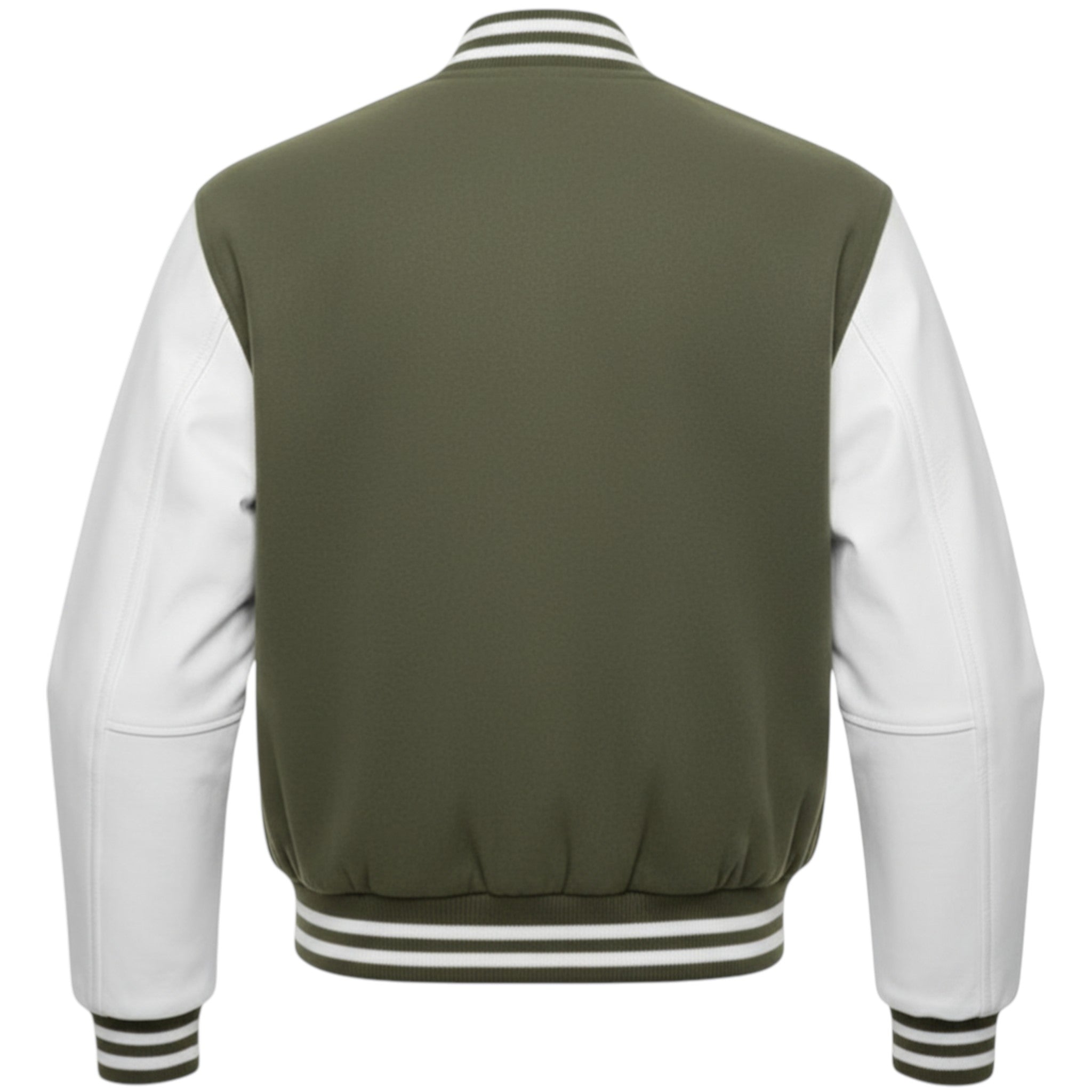 Olive varsity jacket with white sleeves on a white background