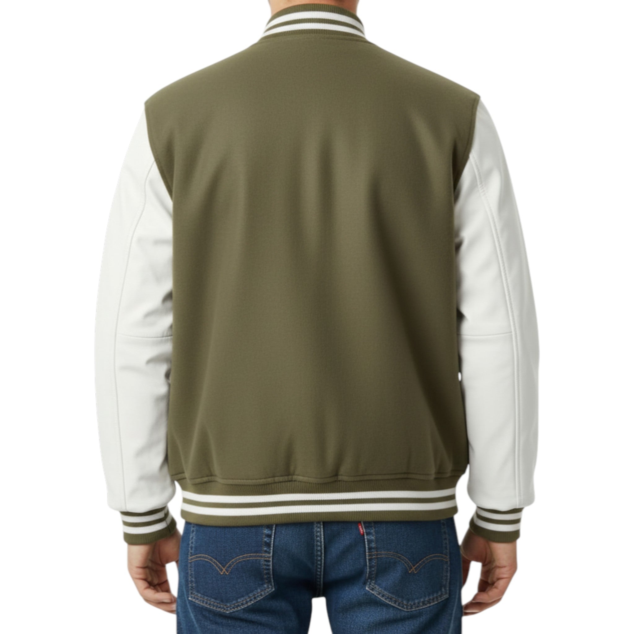 Olive and white varsity jacket on a person with a white background