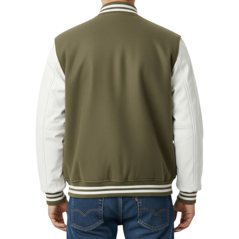 Olive and white varsity jacket on a person with a white background