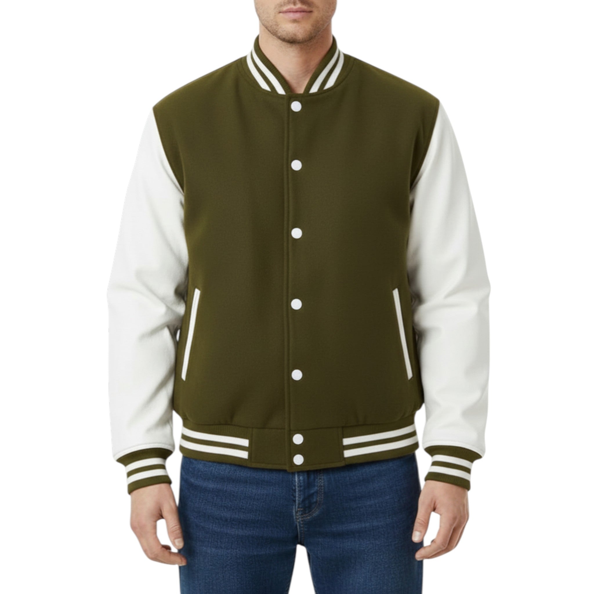 Olive and white varsity jacket worn by a person on a white background