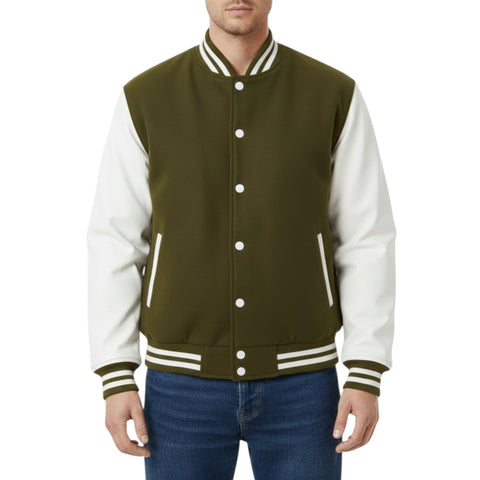 Olive and white varsity jacket worn by a person on a white background