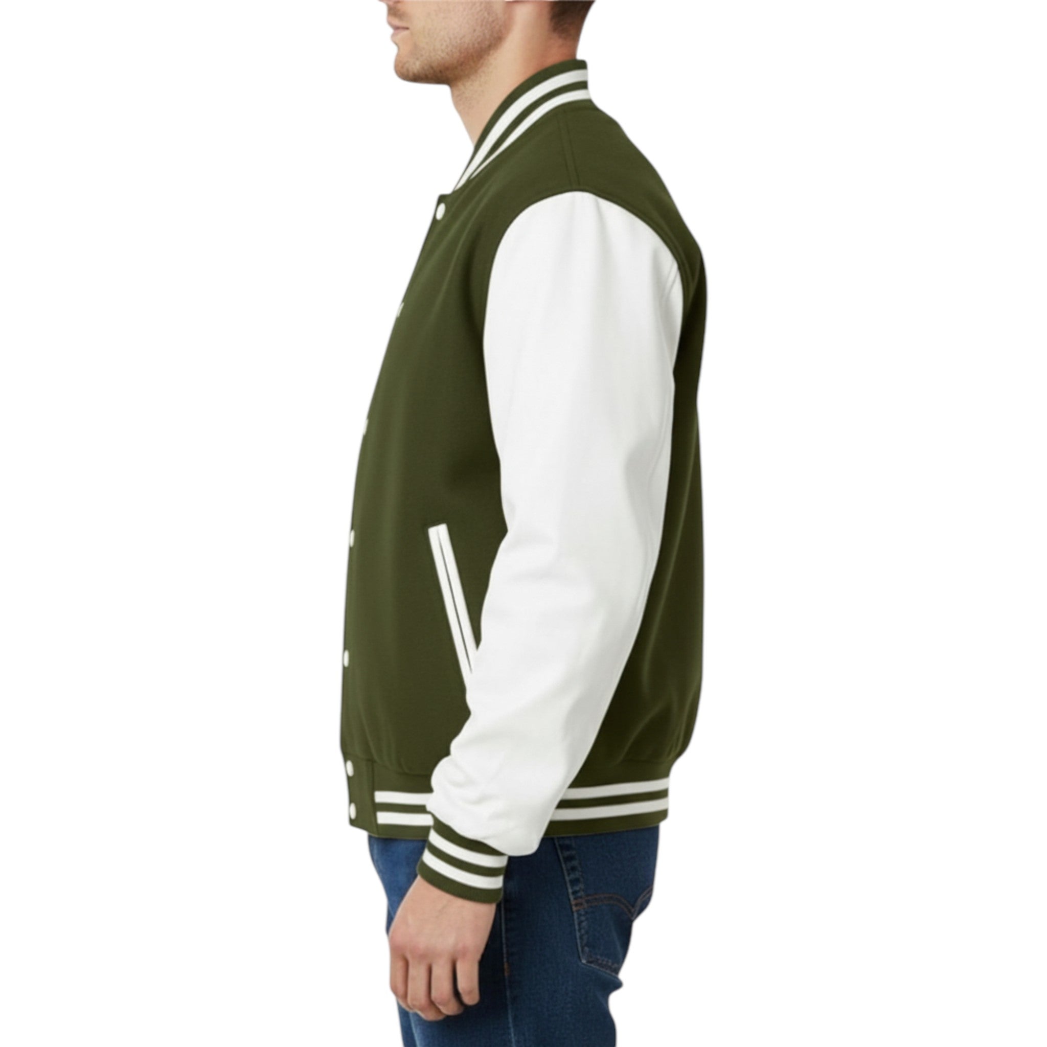 Olive and white varsity jacket worn by a person on a white background