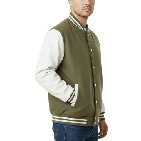 Olive varsity jacket with white sleeves and collar on a white background