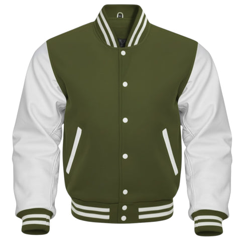 Olive and white varsity jacket on a white background