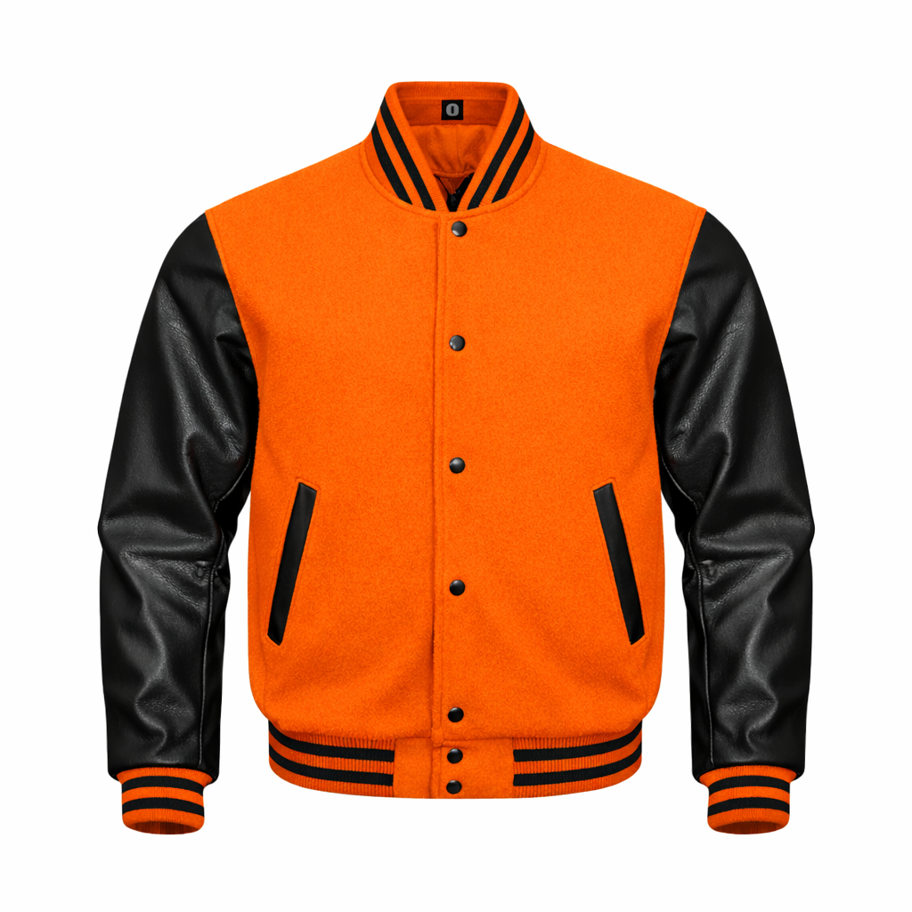 A varsity-style jacket with orange body and black leather sleeves, featuring black striped ribbed collar, cuffs, and hem, and black snap-button front closure.
