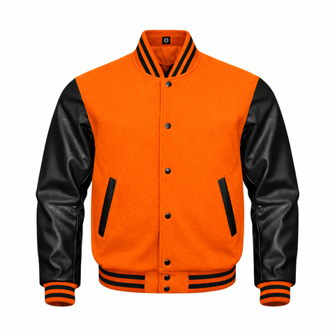 A varsity-style jacket with orange body and black leather sleeves, featuring black striped ribbed collar, cuffs, and hem, and black snap-button front closure.