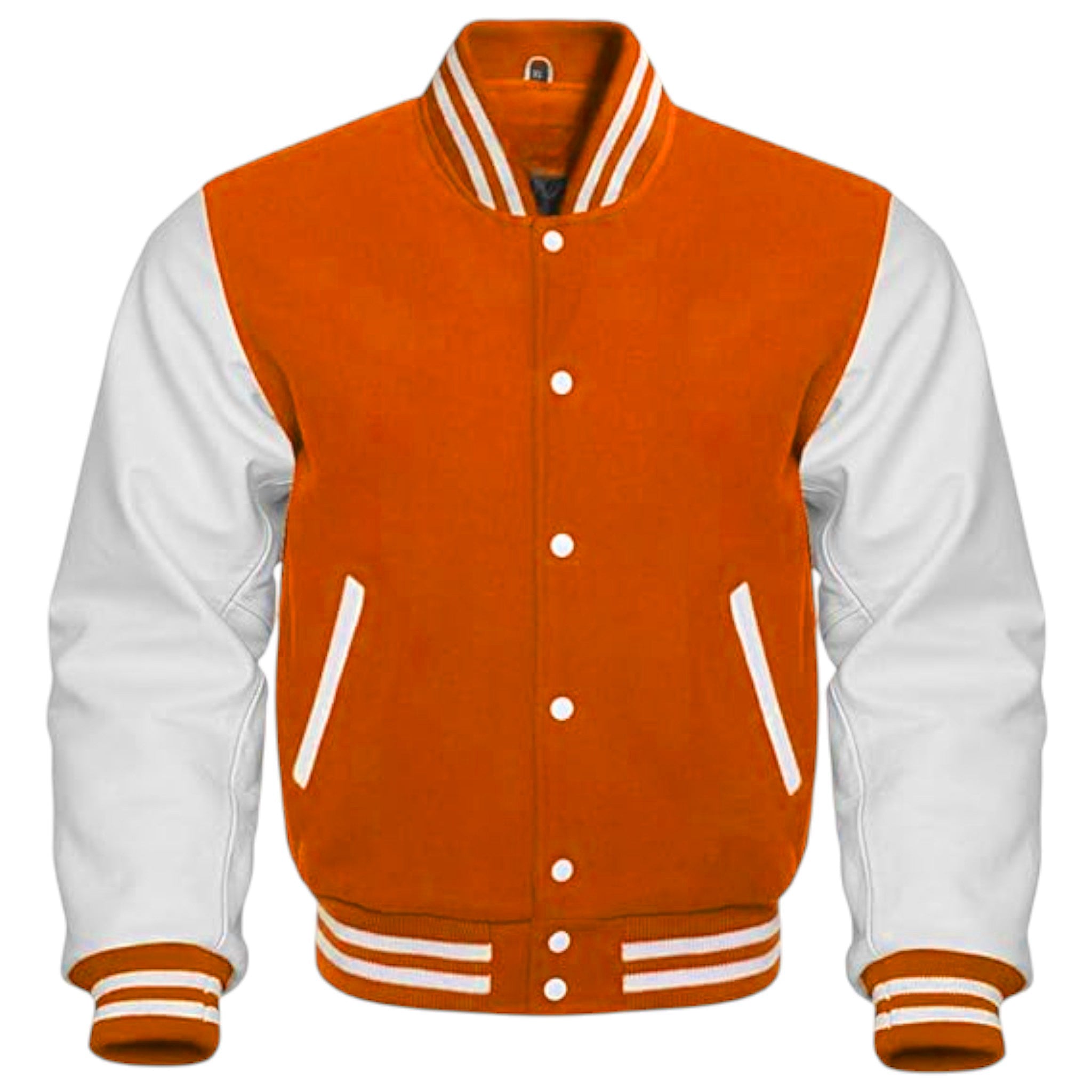 A varsity-style jacket with a bright orange body and white sleeves, featuring white buttons, striped ribbed collar, cuffs, and hem, and diagonal zippered pockets.