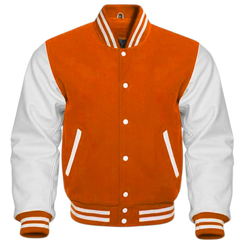 A varsity-style jacket with a bright orange body and white sleeves, featuring white buttons, striped ribbed collar, cuffs, and hem, and diagonal zippered pockets.