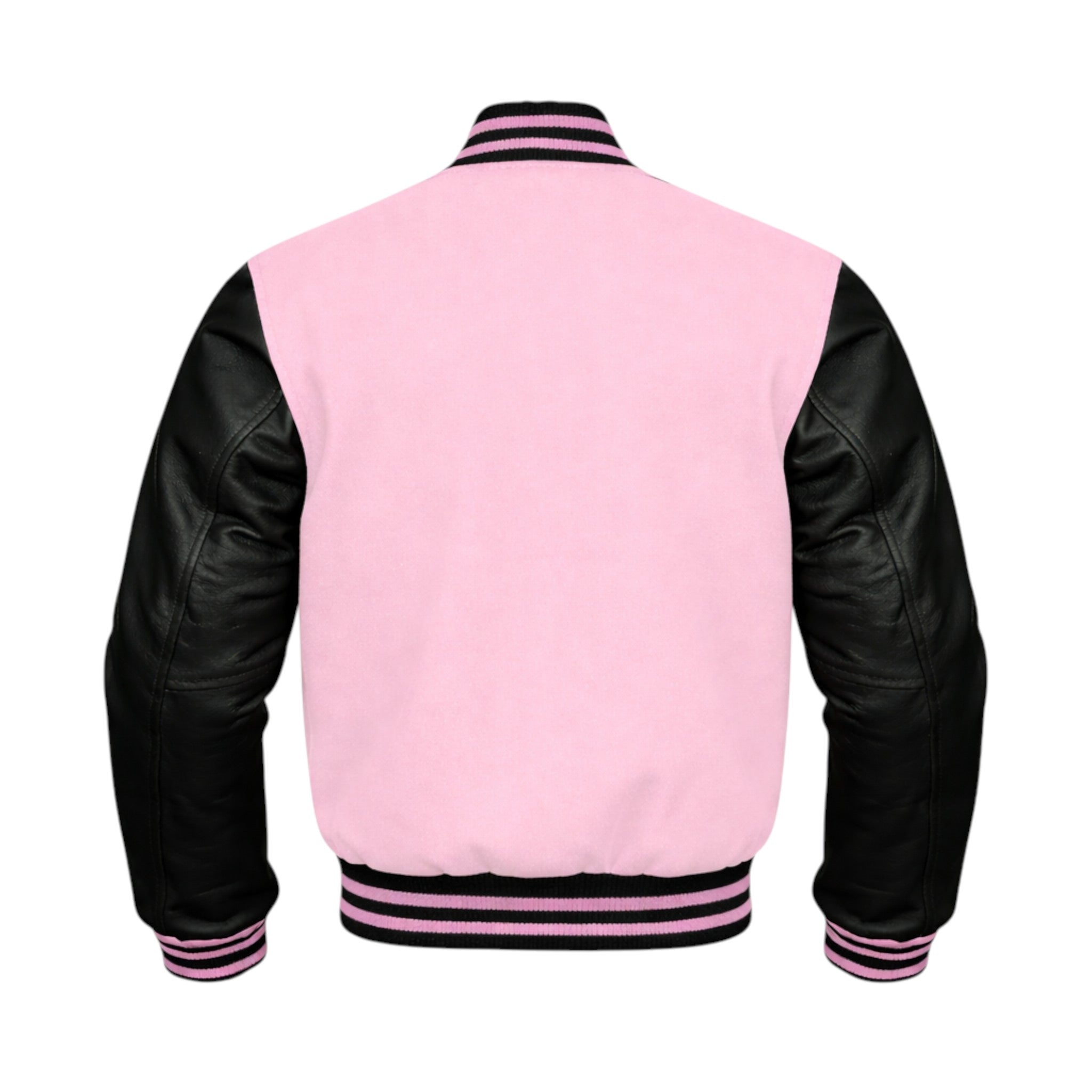 A varsity-style jacket shown from the back, featuring a light pink body, black leather-look sleeves, and pink and black striped ribbed collar, hem, and cuffs.