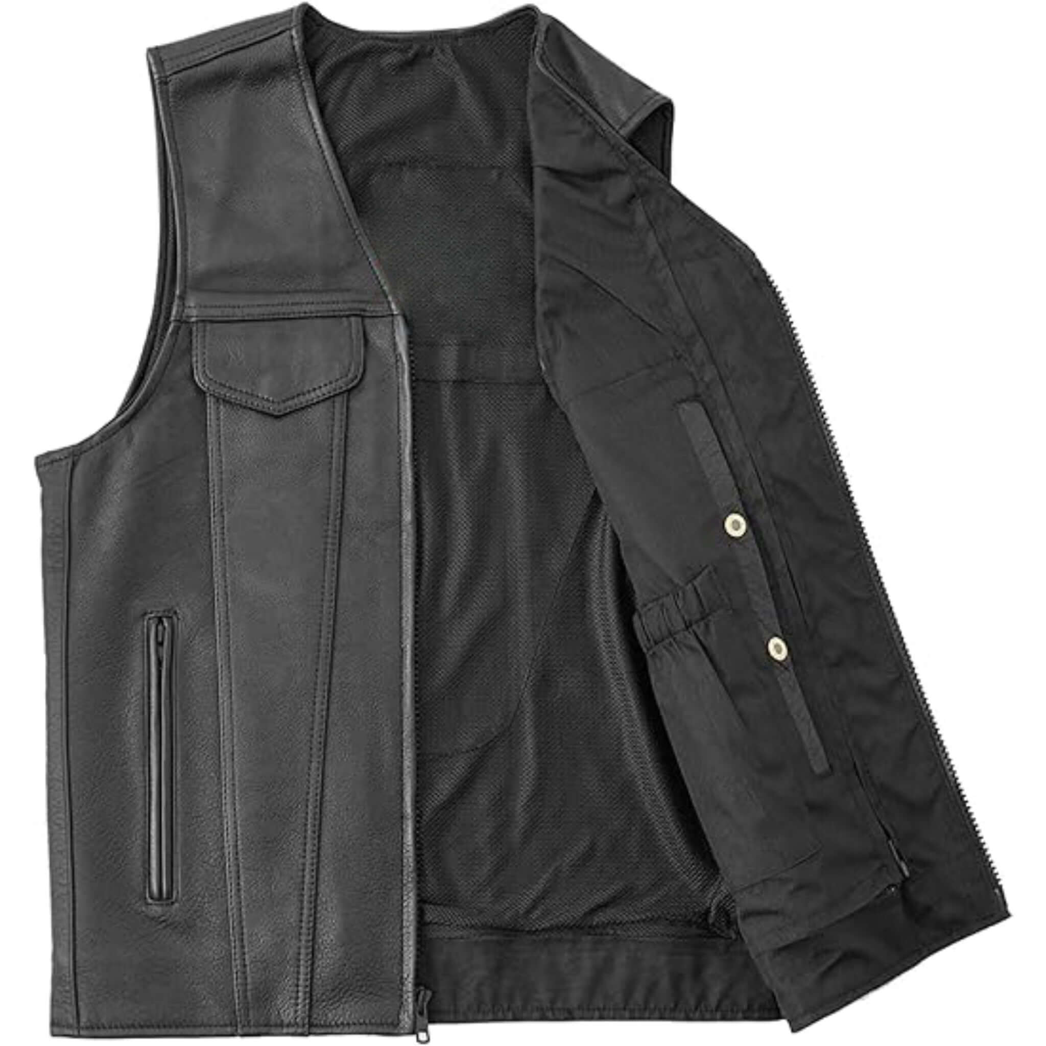 Premium Men Club Black Leather Vest with Zipper