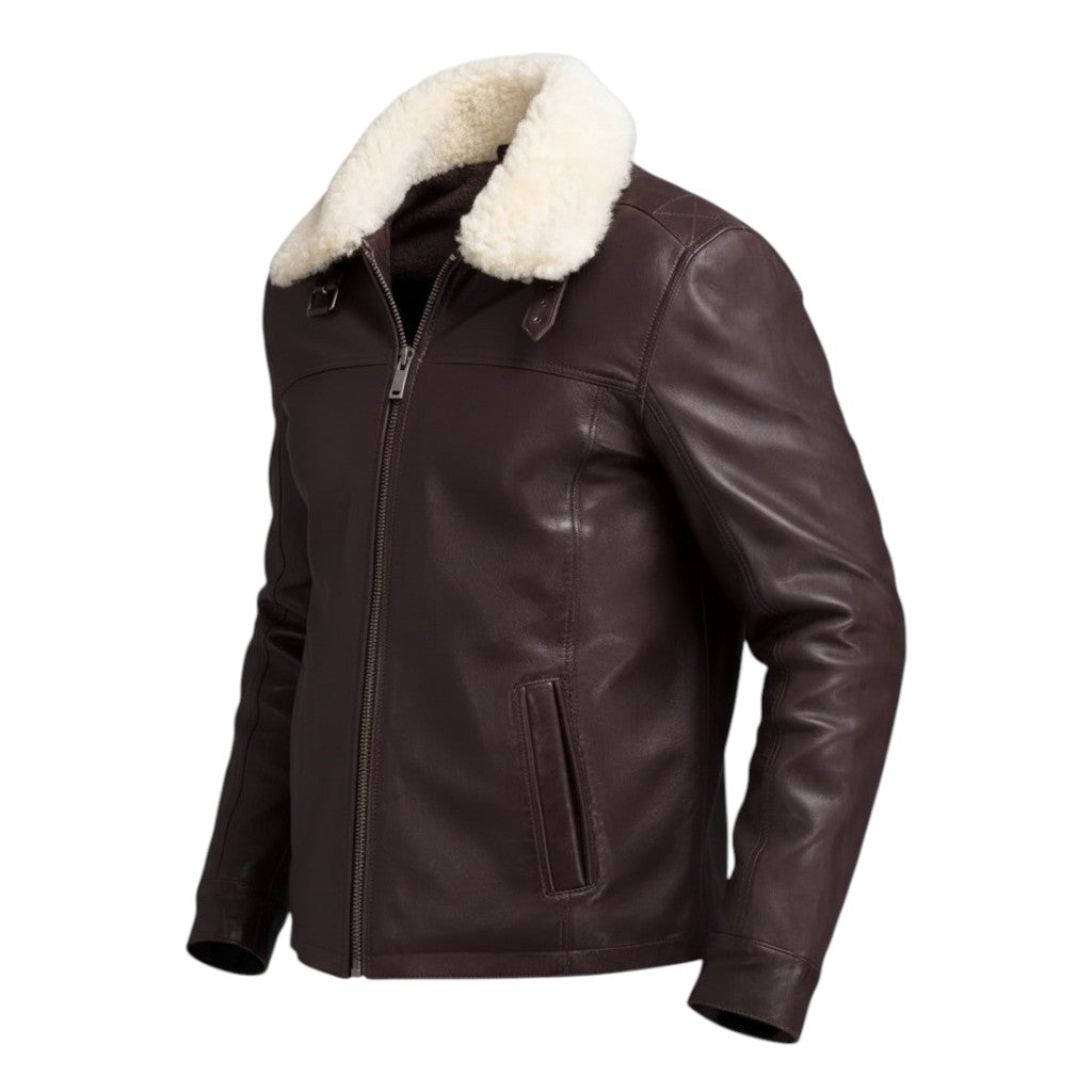 Brown leather jacket with white fur collar on a white background