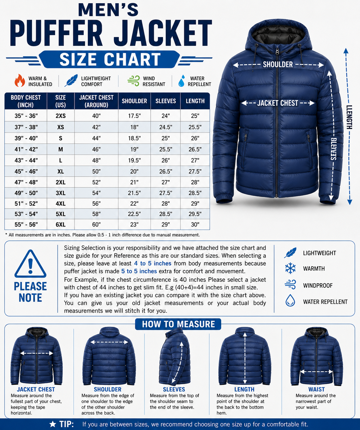 A size chart and sizing guide for men's puffer jackets, featuring a size table from 30 to 60 inches, labeled body chest, weight, comfort, wind resistance, and water repellency. The chart includes front and back jacket diagrams with measurements for chest, shoulder, sleeves, and length, plus a section on how to measure and a tip for between sizes.