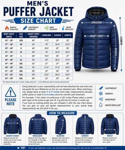 A size chart and sizing guide for men's puffer jackets, featuring a size table from 30 to 60 inches, labeled body chest, weight, comfort, wind resistance, and water repellency. The chart includes front and back jacket diagrams with measurements for chest, shoulder, sleeves, and length, plus a section on how to measure and a tip for between sizes.