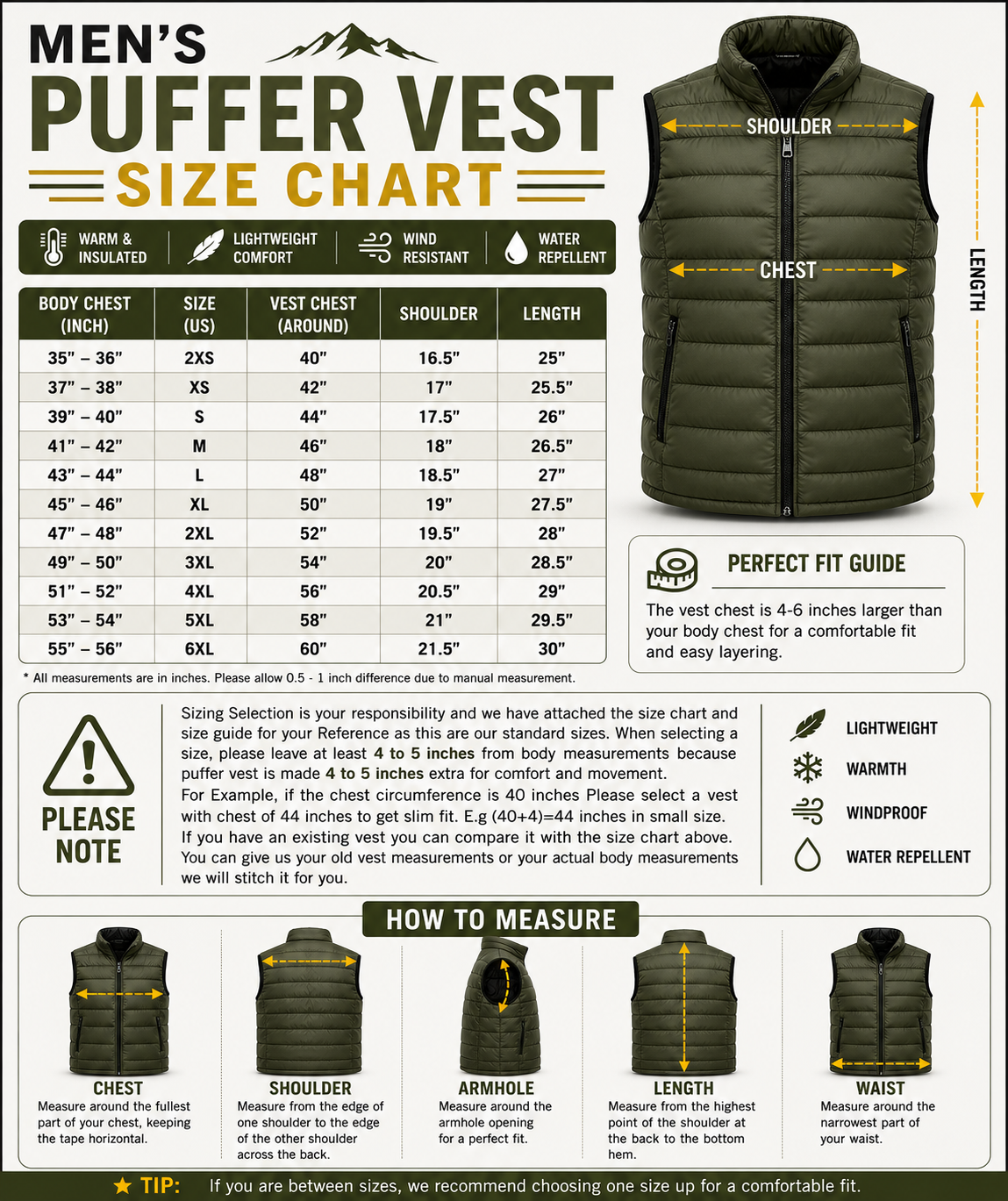A comprehensive size chart and guide for men's puffier vests, featuring a size table, fit guide, and illustrated diagrams showing how to measure chest, shoulder, armhole, length, and waist on a model.