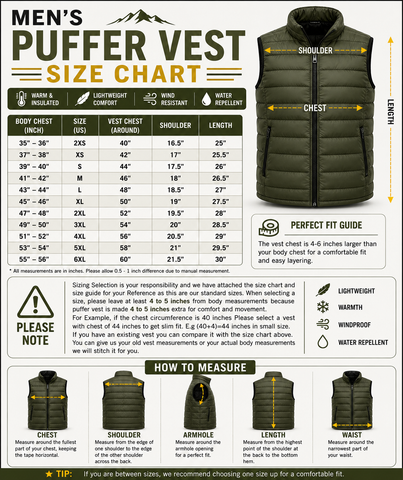 A comprehensive size chart and guide for men's puffier vests, featuring a size table, fit guide, and illustrated diagrams showing how to measure chest, shoulder, armhole, length, and waist on a model.