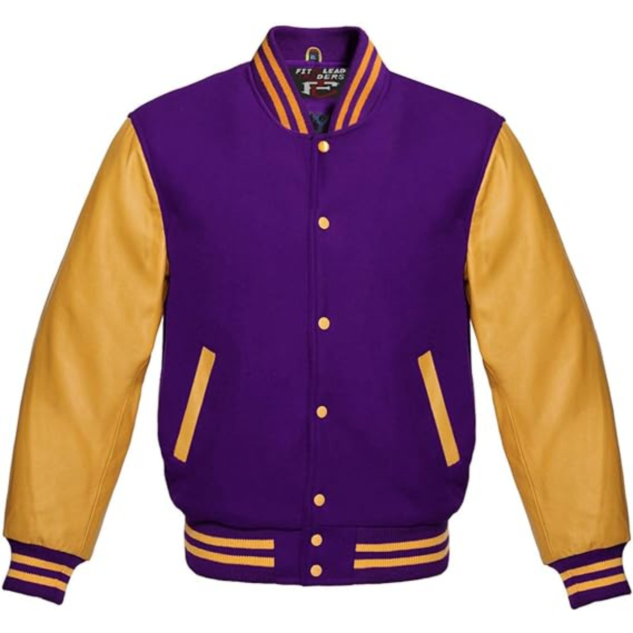 Modern Wool Bomber Jacket Gold Leather Sleeves Stylish Wear