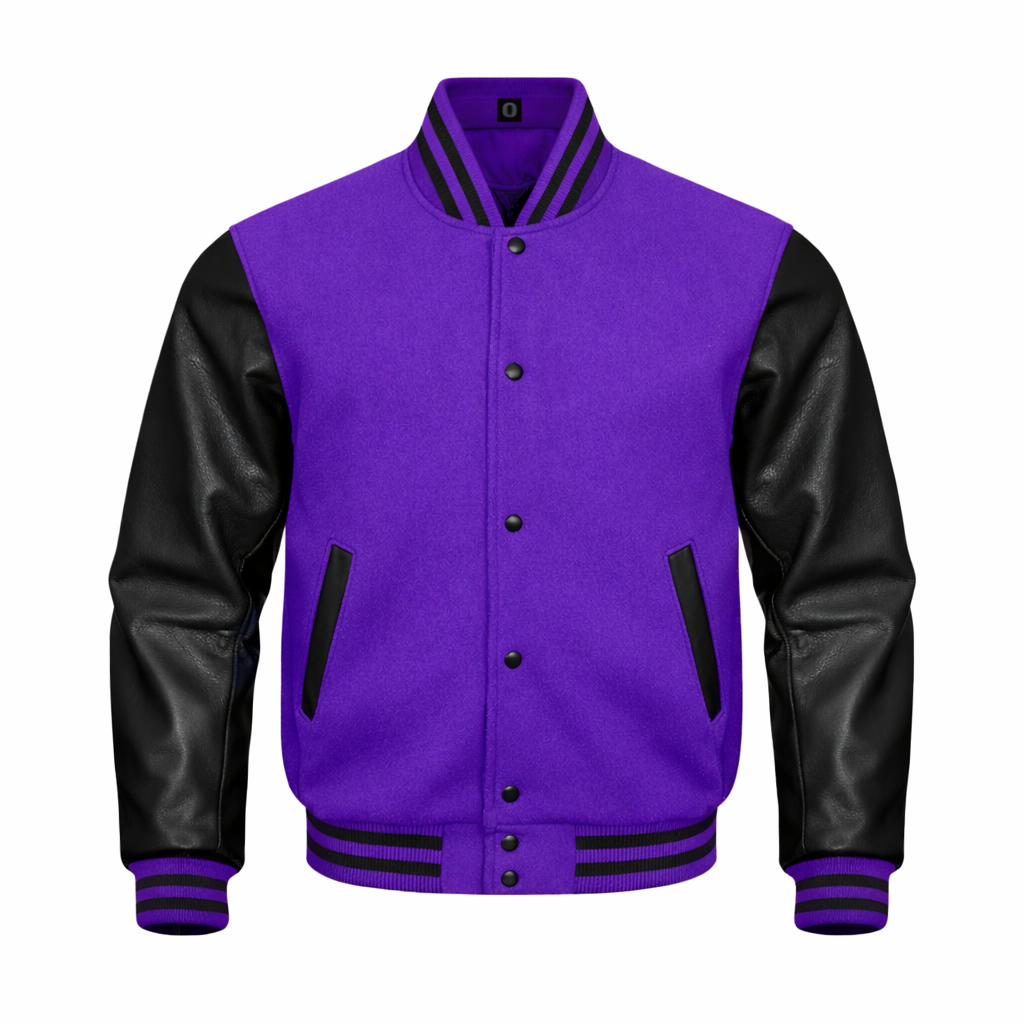 A varsity-style jacket with purple wool body and black leather sleeves, featuring black ribbed trim and black buttons on a plain white background.