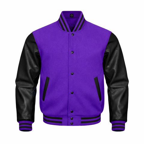 A varsity-style jacket with purple wool body and black leather sleeves, featuring black ribbed trim and black buttons on a plain white background.