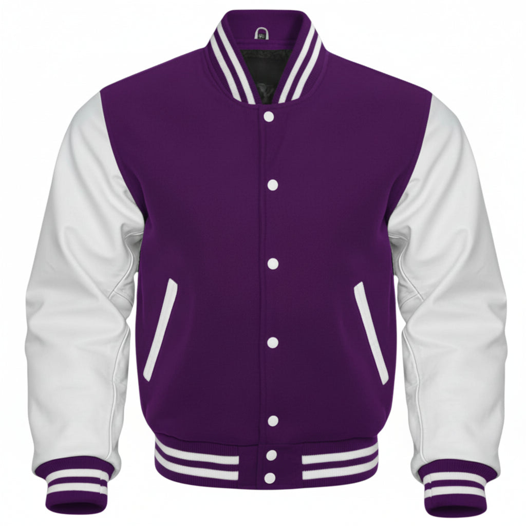 A varsity-style jacket with a deep purple body and white sleeves, featuring white buttons, white striped ribbed collar, cuffs, and hem, and diagonal white stripe accents on the chest and pockets.
