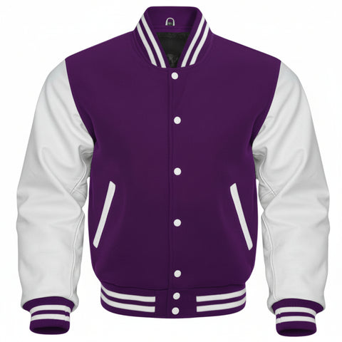 A varsity-style jacket with a deep purple body and white sleeves, featuring white buttons, white striped ribbed collar, cuffs, and hem, and diagonal white stripe accents on the chest and pockets.