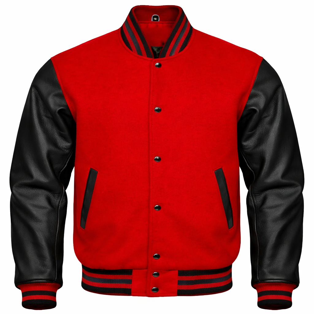 A red and black varsity jacket with a red wool body, black leather sleeves, and striped ribbed collar, cuffs, and hem.