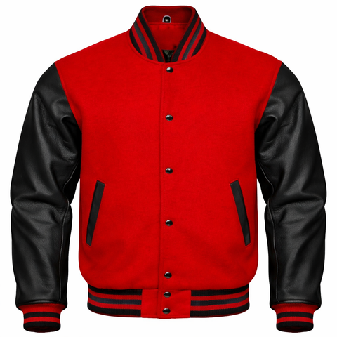 A red and black varsity jacket with a red wool body, black leather sleeves, and striped ribbed collar, cuffs, and hem.