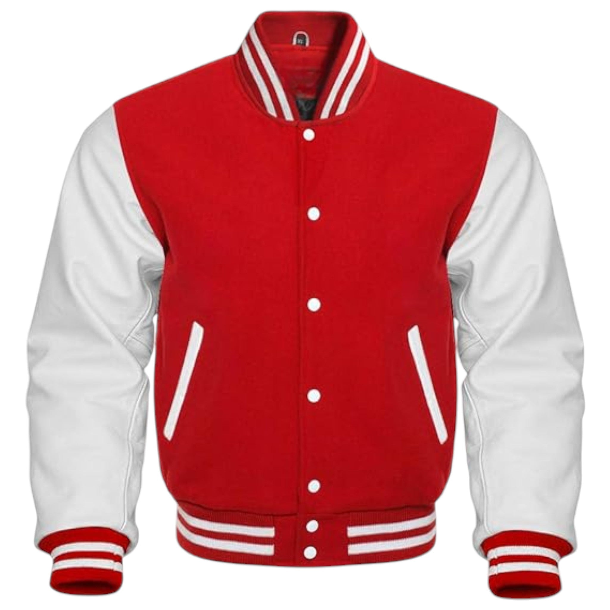 A red and white varsity jacket with a red wool-like body, white sleeves, and red and white striped ribbed collar, cuffs, and hem, shown on a plain white background.