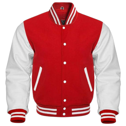 A red and white varsity jacket with a red wool-like body, white sleeves, and red and white striped ribbed collar, cuffs, and hem, shown on a plain white background.