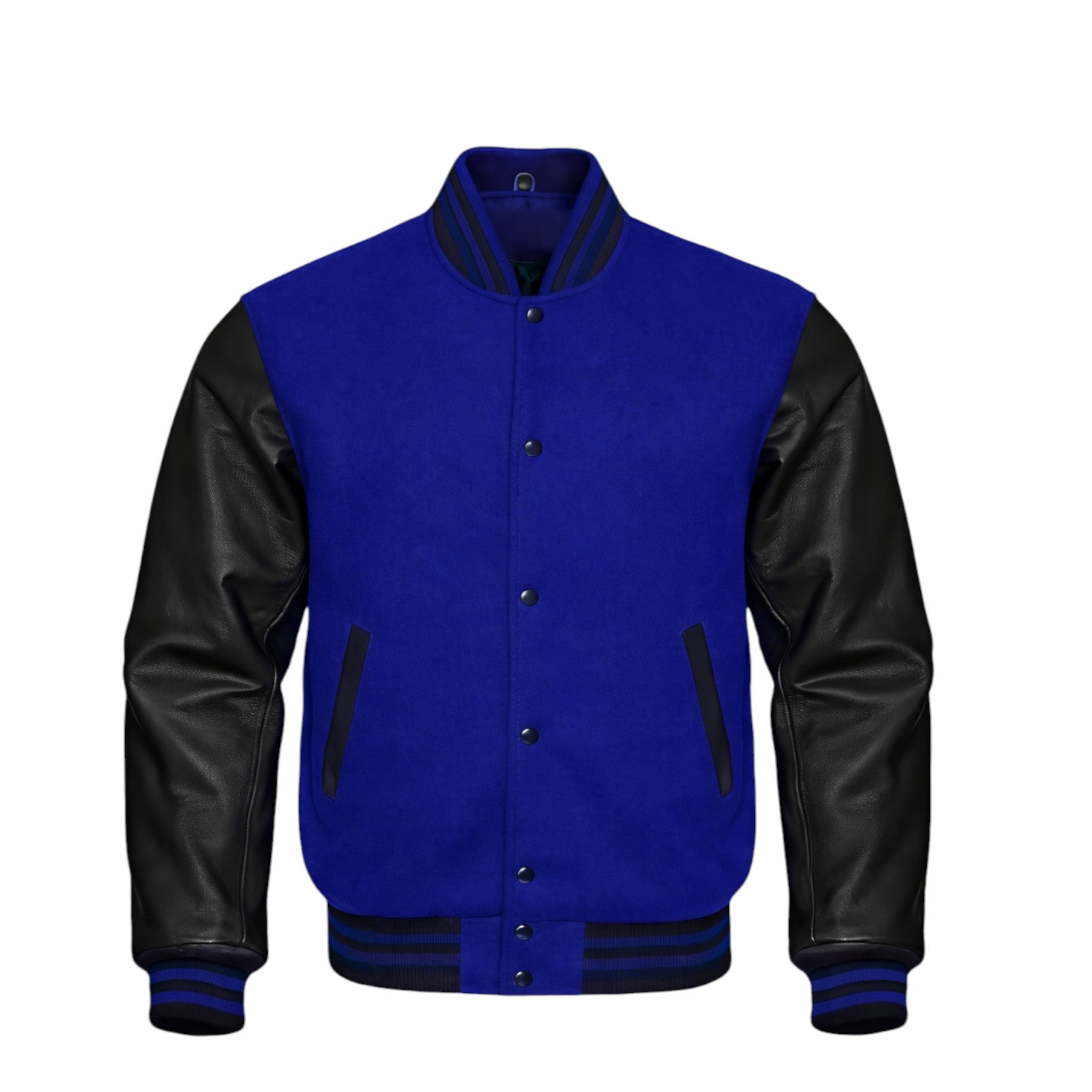 A varsity-style jacket with a Royal Blue wool body and black leather sleeves, featuring black striped ribbing and black side panel accents on a plain white background.
