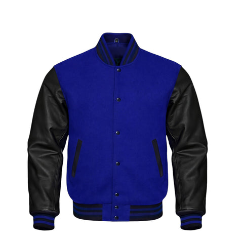 A varsity-style jacket with a Royal Blue wool body and black leather sleeves, featuring black striped ribbing and black side panel accents on a plain white background.