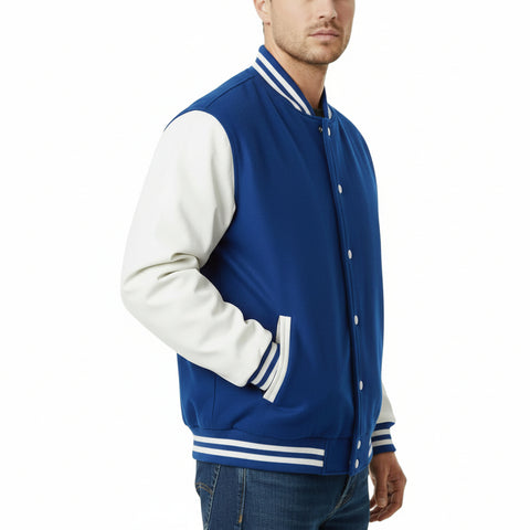 Royal Blue and white varsity jacket worn by a person on a white background