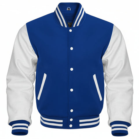 A classic varsity jacket with a royal blue body and white sleeves, featuring white buttons, white stripe details on the collar, cuffs, and hem, and a ribbed knit construction.