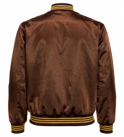 A brown satin bomber jacket shown from the back, featuring gold and black striped ribbed collar, cuffs, and hem.