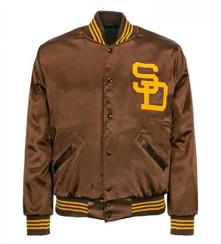 A brown satin varsity jacket with yellow striped ribbing on the collar, cuffs, and hem, featuring a large yellow 'SD' logo on the left chest, displayed on a clean white background.