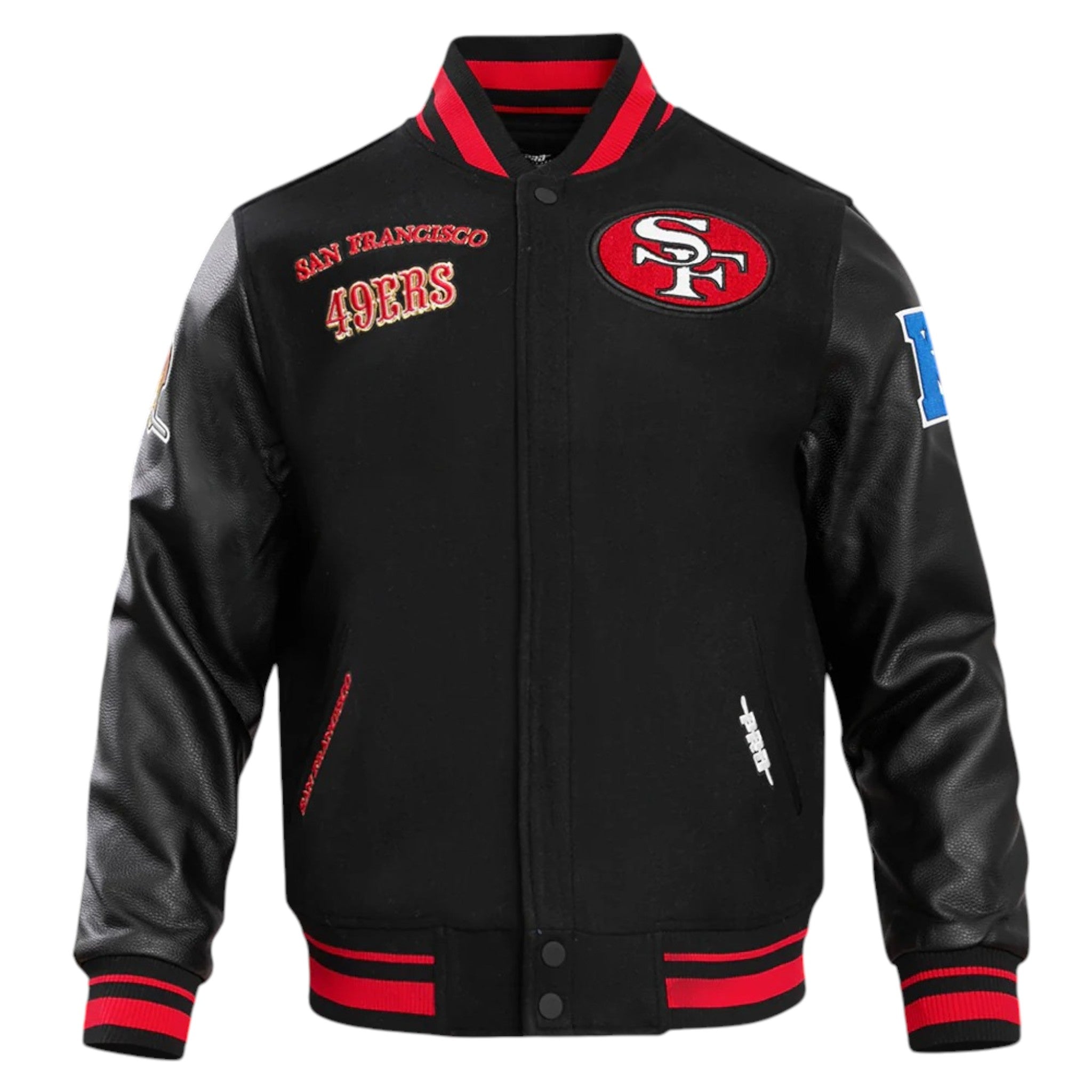 Black jacket with San Francisco 49ers logo and text on a white background